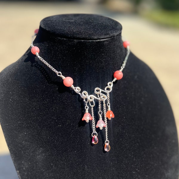 Orange Coral Pink Beaded Crystal Wire Necklace | Wire Wrapped Pendant | Elegant Jewelry