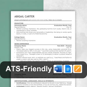 May include: A resume template with the title "ATS-Friendly" in bold, blue letters. The resume is formatted with headings for education, work experience, and certifications, languages, skills & interests. The template includes tips for writing a strong resume, such as clearly stating your biggest success in each role and using measurable outcomes.