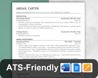 May include: A resume template with the title "ATS-Friendly" in bold, blue letters. The resume is formatted with headings for education, work experience, and certifications, languages, skills & interests. The template includes tips for writing a strong resume, such as clearly stating your biggest success in each role and using measurable outcomes.