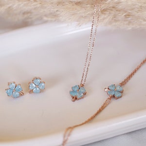 Rose Gold Clover Jewelry Set, Sterling Silver Handmade Accessories, Lucky Clover Necklace, Earrings, and Bracelet Set for Women