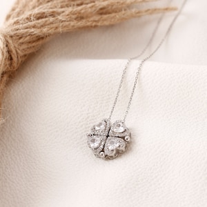 Silver Clover Pendant, Heart Necklace, Silver Clover Pendant, 925 Sterling Silver, Magnetic  Shape Necklace, Mothers Day Gift,Clover Pendant