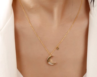 Gold color Crescent Moon and Star Sideways Necklace,Crescent Moon Star Necklace,Half Moon With Star, Unique Design,Minimalist Necklace,