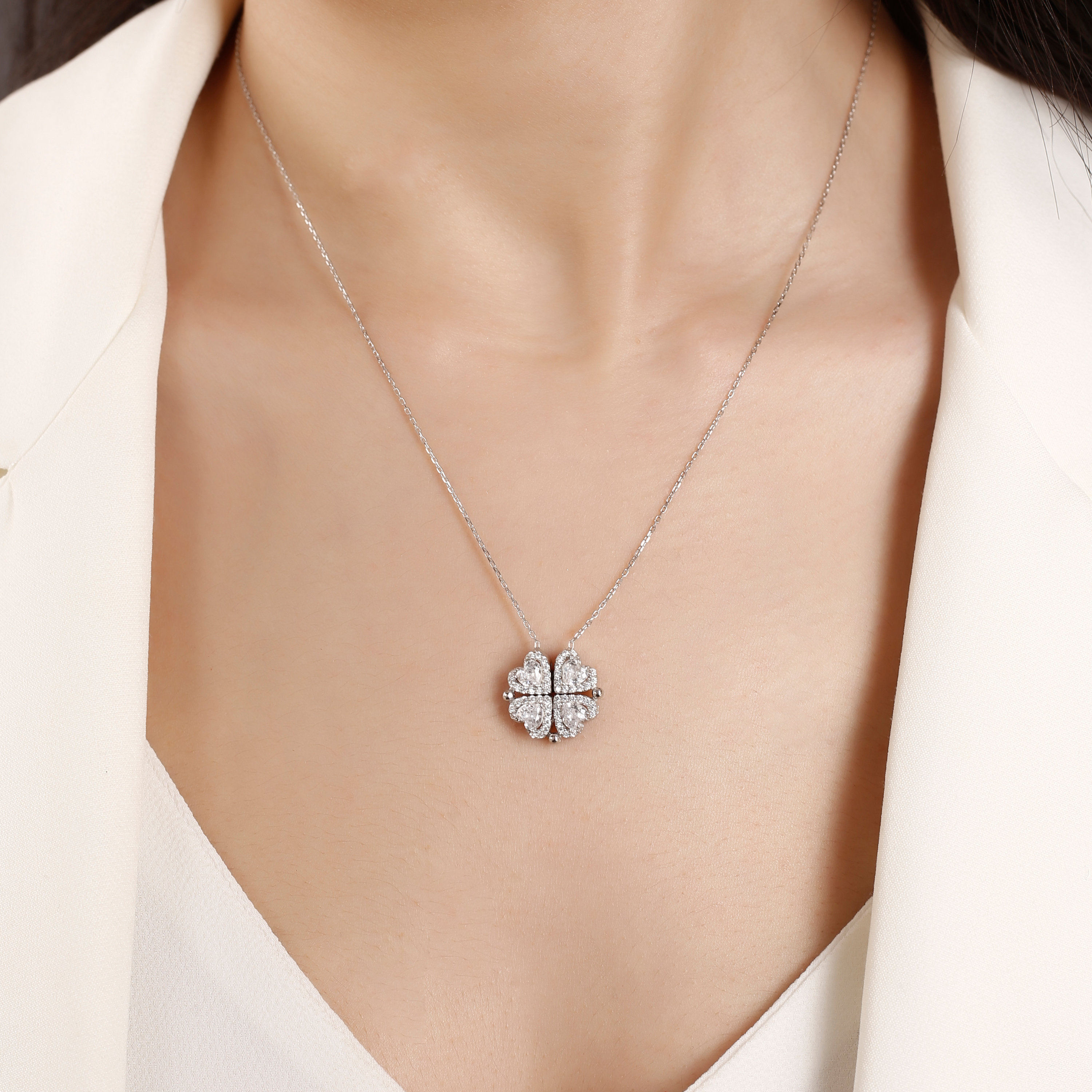 Silver Clover Pendant, Heart Necklace, Silver Clover Pendant