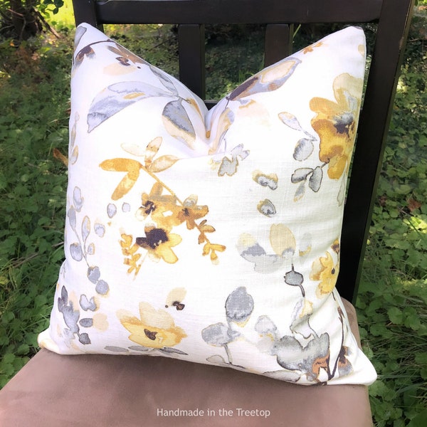 Woodland Air Floral Botanical Linen Cotton Pillow Cover yellow and grey