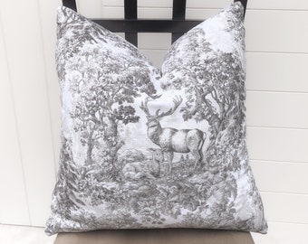 Deer in the Woodland Toile Pillow Cover Neutral