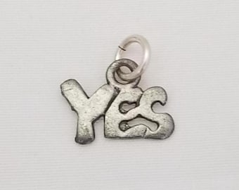 Antique Silver "Yes" Charm: USA Made,  Pewter, (4 Pack)