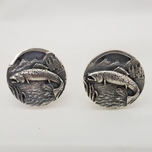 Vintage Sterling Silver Salmon Cufflinks: Rotter Artist Signed, 1940s-50s