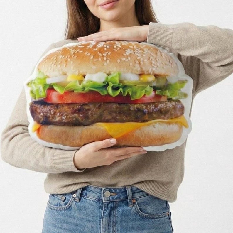 May include: A large, plush burger-shaped cushion. The cushion features a sesame seed bun, lettuce, tomato, a beef patty, and cheese. The cushion is held by a person wearing a beige jumper and blue jeans.