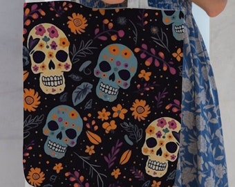 Mexican Sugar Skull Floral Pattern,Cotton+Linen Tote /w Pocket, DoubleSided, Travel Bag, Grocery Bag, Cinco De Mayo, Day of the Dead, Eco