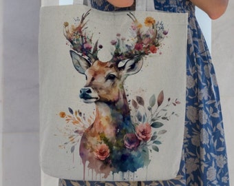 Watercolor Deer Roses Cotton+Linen Tote w Pocket, DoubleSided, Travel Bag, Grocery Bag, Laptop Bag, Shopping bag, School Bag, Boho Hippie