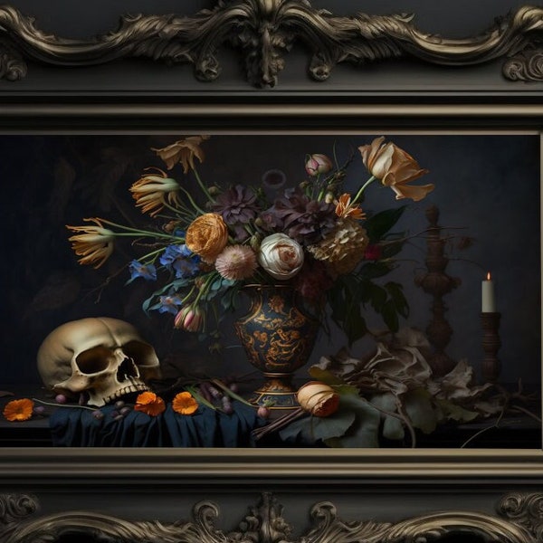 Vanitas Skull and Flower Decay Painting, Digital Art Download, Wall Print, Macabre, Still Life, Cottagecore