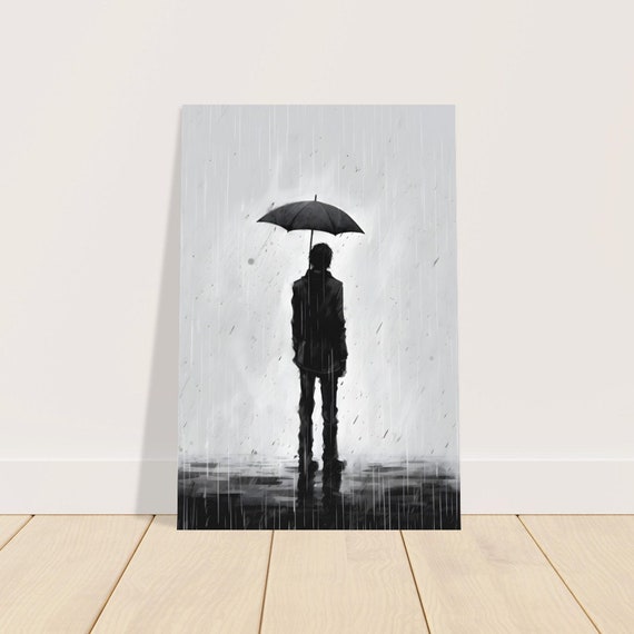 Standing in the Rain. Rainy Day, Ink Drawing, Black and White, Sad