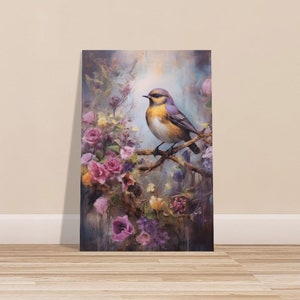 Pettirosso su fiori, pittura a olio, pittura di uccelli, arte uccellino, Boho, arte floreale, arte della parete, stampa d'arte, poster di carta semi-lucida Premium