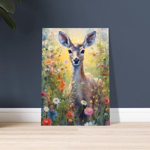Pittura dei cervi, arte dei cervi, arte della fauna selvatica, arte floreale, arte botanica, Boho, arte della parete, stampa d'arte, poster di carta semilucida premium