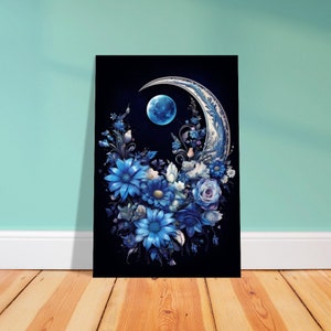 Floral Moon Art, Moon Art, Blossoming Flowers, Wall Art, Art Print, Premium Semi-Glossy Paper Poster