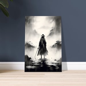Samurai solitario, Pittura Samurai, Arte Samurai, Bianco e nero, Wall Art, Stampa artistica, Poster di carta semilucida Premium