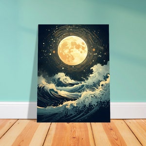 Attrazione della Luna, Arte della Luna, Arte dell'Oceano, Arte delle Onde, Luna Piena, - Poster su Carta Semi-Lucida Premium