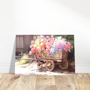 Rustikaler Schubkarren-Garten, Pastellblumen, Aquarell, Blumen, Farm-Stil-Gemälde, Premium-Halbglanzpapier-Poster