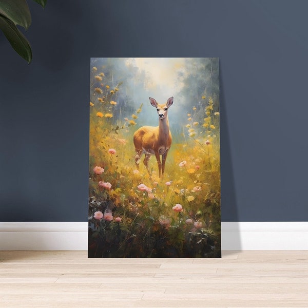 Deer Oil Painting, Deer in Forest, Flower Field, Nature Art, Wall Art, Art Print, Premium Semi-Glossy Paper Poster