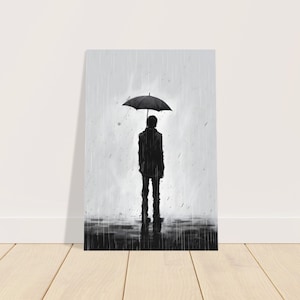 Standing In The Rain. Rainy Day, Ink Drawing, Black and white, Sad art, Lonely art, Wall Art, Art Print, Premium Semi-Glossy Paper Poster