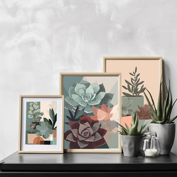Minimalist Succulents Digital Artwork, 3 Piece Gallery Digital Download, Plant art, Nature image bundle, Peaceful art.
