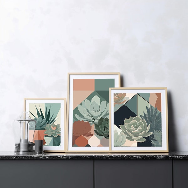 Minimalist Succulents Digital Artwork, 3 Piece Gallery Digital Download, Plant art, Nature image bundle, Peaceful art.