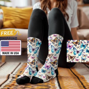 Watercolor Butterfly Pattern Socks - Whimsical Nature-Inspired Design on Soft White Background | Gender Neutral Gift For All Ages