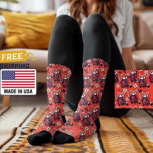 Red Panda Samurai Socks - Unique Fun Socks | Gender Neutral Socks for all Ages | Unisex Fit Gift Socks | Animal Print | Gift For Panda Lover