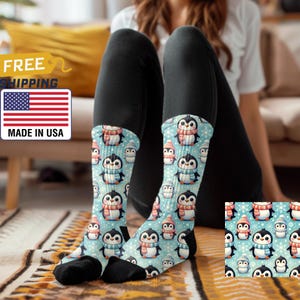 Penguins Pattern Blue Socks - Adorable Winter Animal Print - Gift for Animal Lover - Gender Neutral Socks for all Ages - Christmas Gift