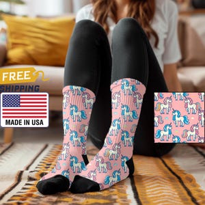Unicorn and Rainbow Socks - Whimsical Fantasy Design on Cotton Candy Pink |Gender Neutral Gift for All Ages |Unisex Fit | Unicorn Gift Socks