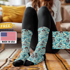Pirate Sharks Pattern Ocean Blue Socks - Fun and Whimsical Sea-Themed Animal Print | Gender Neutral Gift | Unisex Fit For All Ages