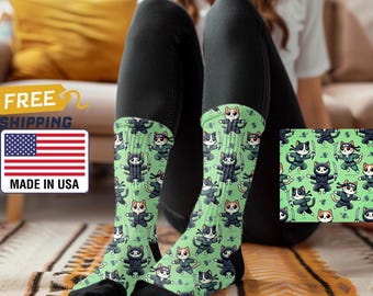 Fun Ninja Cat Socks - Cute Animal Print Socks | Gender Neutral Socks for All Ages | Unisex Fit Gift | Ninja Socks Great for Cat Lover