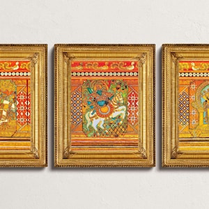 May include: Three framed paintings with gold frames and intricate designs. Each painting features a different deity in a colourful, ornate setting.
