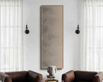 May include: A living room scene featuring two brown leather armchairs with metal frames, a patterned rug, and a wooden wall art piece with a wavy black and beige design. A small gold table holds a bust sculpture.