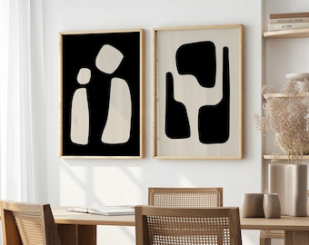 Minimalistisches Wand-Kunst-Set 2 Stück, Mid Century Modern Home Decor, zweiteiliges Wand-Dekor, extragroß über dem Bett, neutrales Schwarz-Beige
