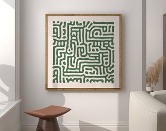 Arte de pared cuadrado verde salvia, patrón abstracto moderno de mediados de siglo, impresión cuadrada de galería neutra, arte de pared extragrande imprimible en verde salvia