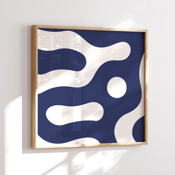 Navy Blue Abstract Square Wall Art, Indigo Blue Minimalist Printable Art Print, Mid Century Modern Home Decor, Extra Large Downloadable