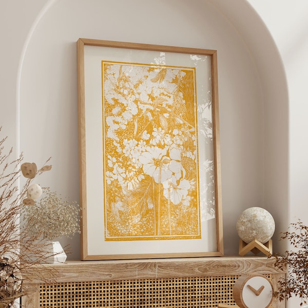 Mustard Yellow Vintage Floral Lithograph Wall Art, Cottagecore Farmhouse Decor, Antique Dutch Lithography Art Prints, Digital Download