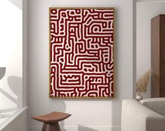 Burgundy Abstract Wall Art, Burgundy Mid Century Modern Decor, Burgundy Abstract Maze Art Print, Extra Large Wall Art Printable