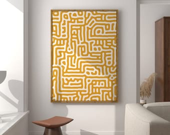 Mustard Yellow Wall Art, Mustard Yellow Mid Century Modern Decor, Mustard Yellow Abstract Maze Art Print, Extra Large Wall Art Printable