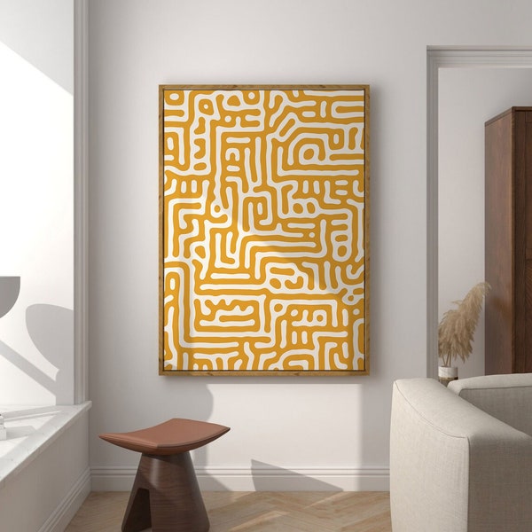 Mustard Yellow Wall Art, Mustard Yellow Mid Century Modern Decor, Mustard Yellow Abstract Maze Art Print, Extra Large Wall Art Printable