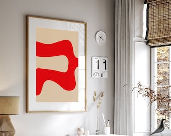 Minimalist Wall Art, Mid Century Modern Art Print, Red and Beige Abstract Wall Art, Neutral Gallery Wall Art, Mid Century Modern Wall Art