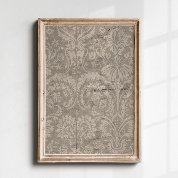Vintage Neutral Botanical Pattern Art Printable, Tapestry Wall Art Prints, Digital Download, Antique European Renaissance Ornament Textile