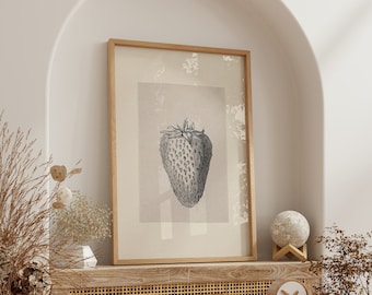 Vintage Strawberry Sketch Printable Wall Art, Antique Kitchen Print, Botanical Illustration, Cozy Kitchen Cottage Decor, Digital Download