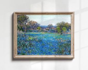 Bluebonnet Painting Print, Texas State Bluebonnet Flower, Vintage Landscape Art, Wildflower Meadow, Rustic Wall Art, Spring Farmhouse Decor