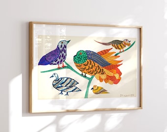 ヴィンテージのグアッシュ画、マキシマリストな装飾、オリジナルのカラフルな鳥の絵画、気まぐれな壁アート、バードウォッチャーへのギフト、ダウンロード可能なプリント