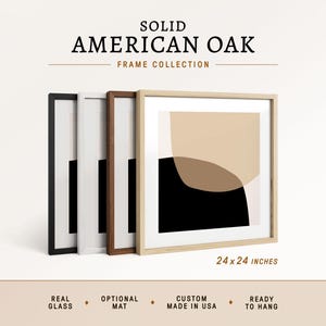 24x24 Oak Wood Picture Frame with Real Glass and Optional Mat in Natural, Walnut, White and Black Oak, Handmade 24 Inch Square Photo Frame