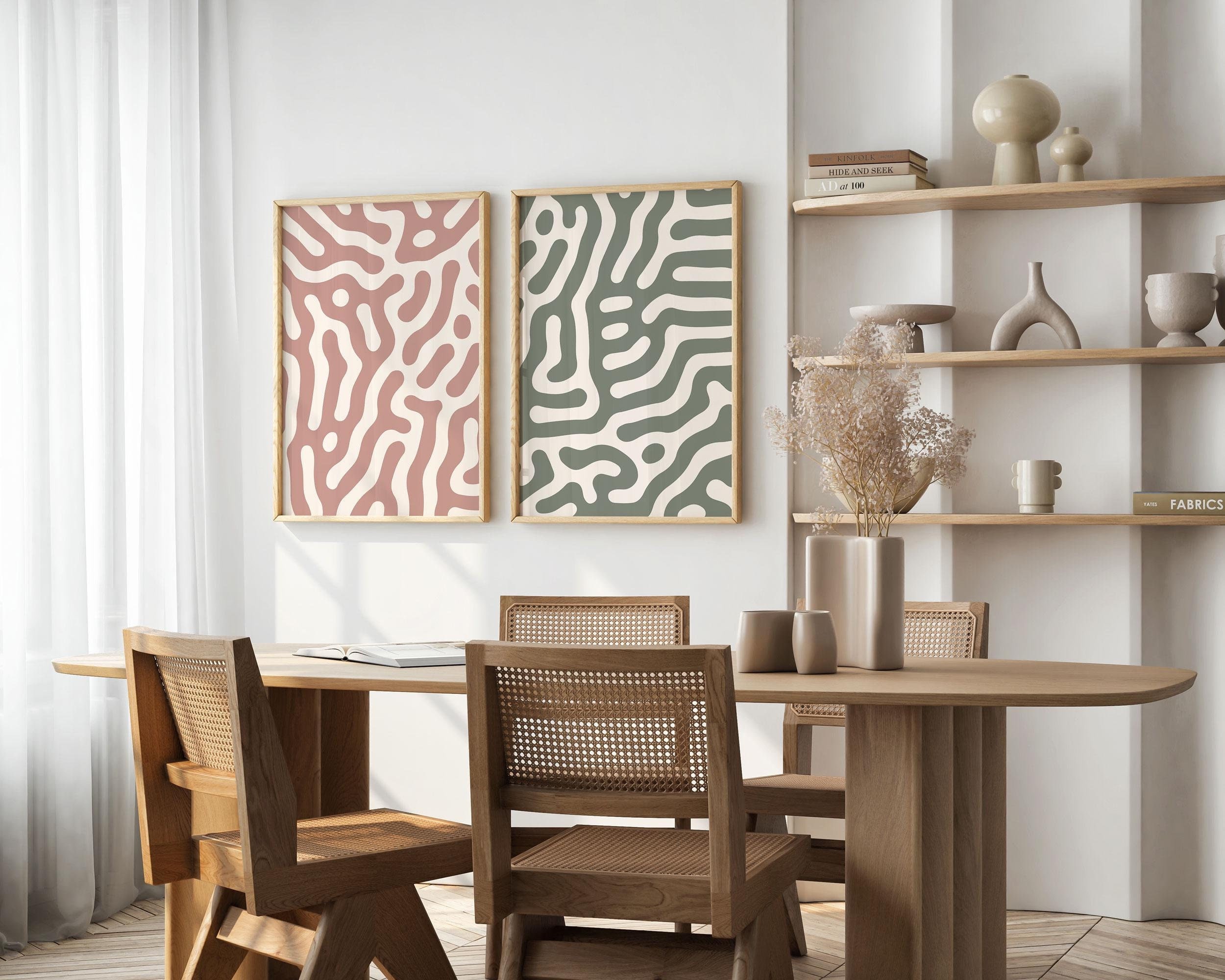 Mid Century Gallery Wall Set of 2 Abstract Prints, Sage Green Dusty Pink Abstract Wall Art, Neutral Earth Tones Midcentury Modern Home Decor