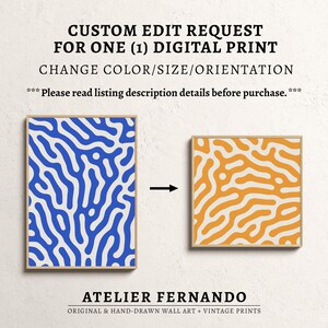 May include: Two digital prints of abstract patterns. The print on the left is blue and white, while the print on the right is orange and white. Both prints have a similar organic, flowing design.