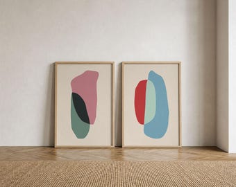 Colorful Abstract Wall Art Set of 2, Pink Green and Light Blue Abstract Wall Art, Mid Century Modern Decor, Biomorphic Framed Art Prints Set